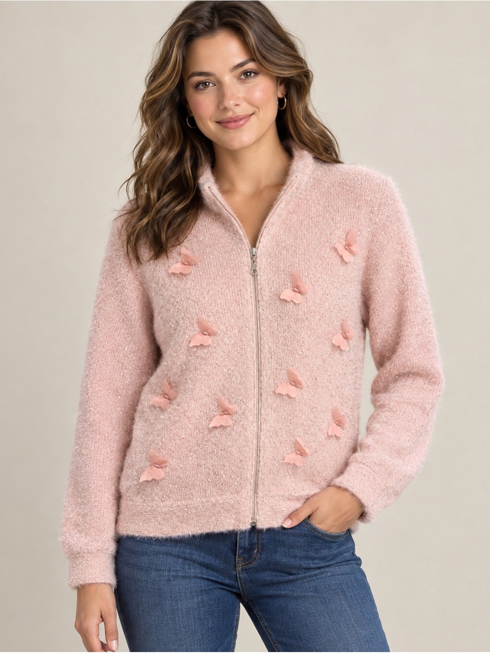 Vintage Y2K women’s Light Pink Buttery Zip-Front Cardigan Sweater